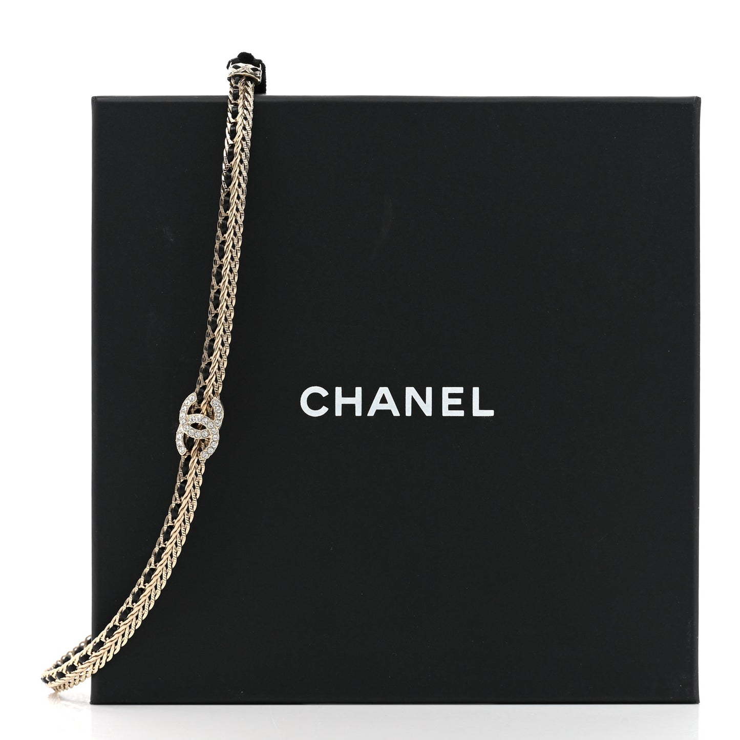 Metal Lambskin Crystal CC Chain Tie Headband Gold Black