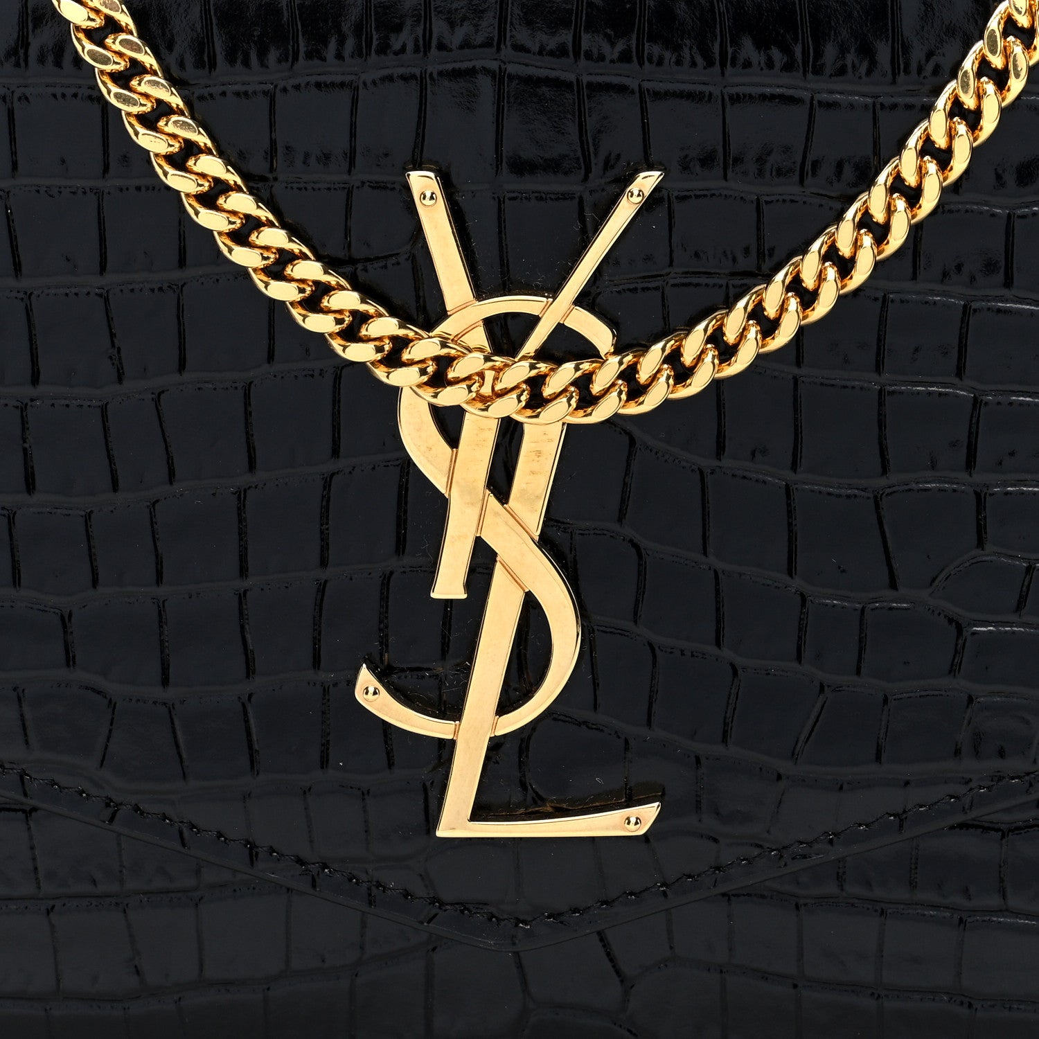 Saint Laurent Calfskin Crocodile Embossed Monogram Uptown Chain Wallet Black 6 of 10