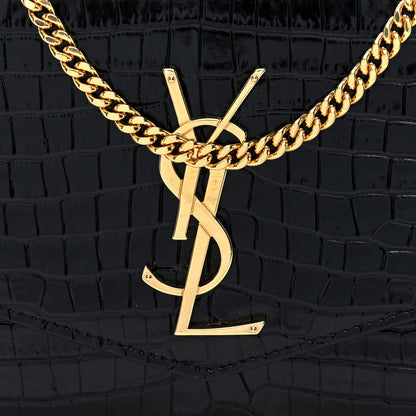 Saint Laurent Calfskin Crocodile Embossed Monogram Uptown Chain Wallet Black 6 of 10
