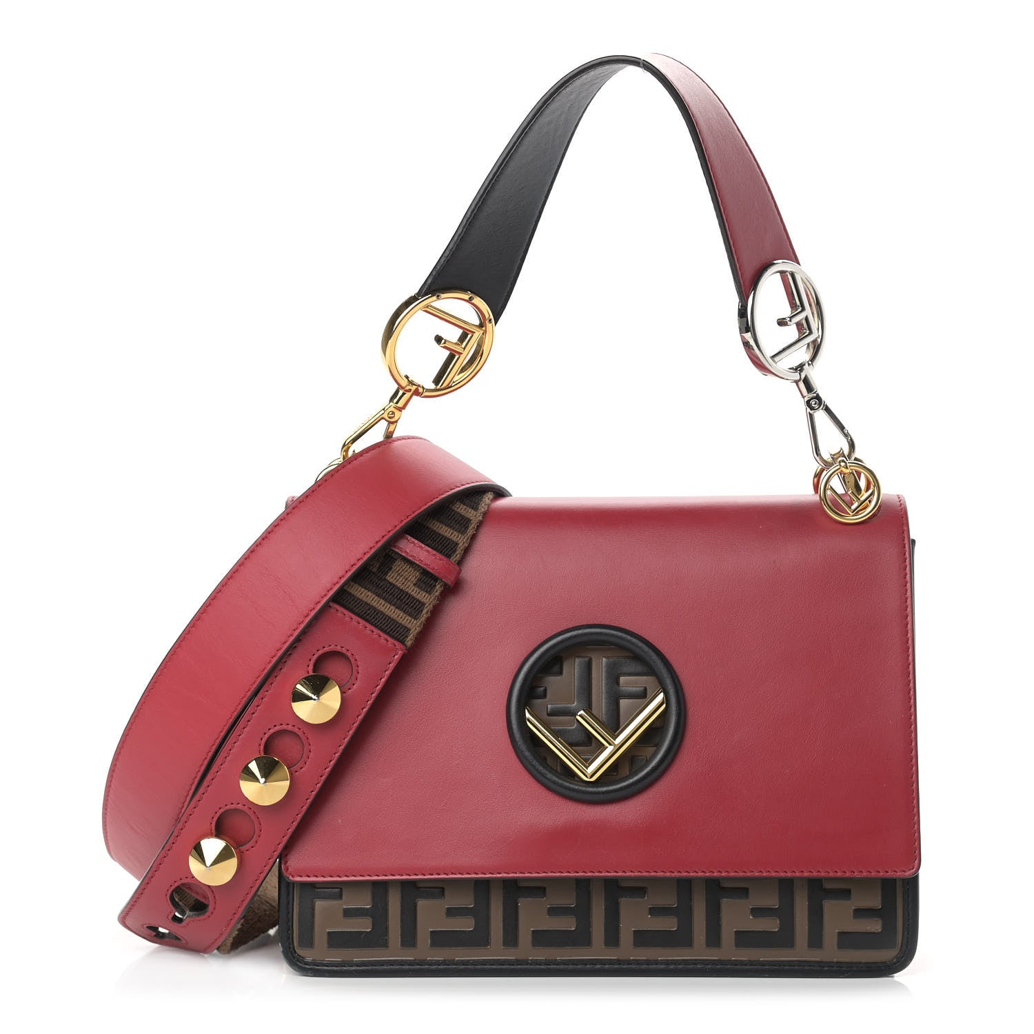 Fendi Vitello Century F is Fendi Bi-Color FF 1974 Embossed Kan I Shoulder Bag Fragola Maya Black 1 of 18