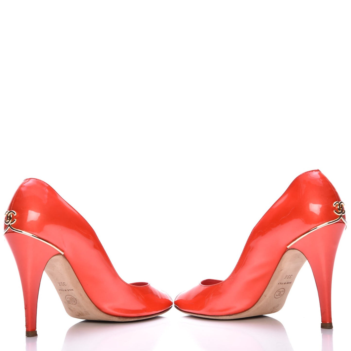 Patent Calfskin CC Peep Toe Pumps 39.5 Rouge Clair