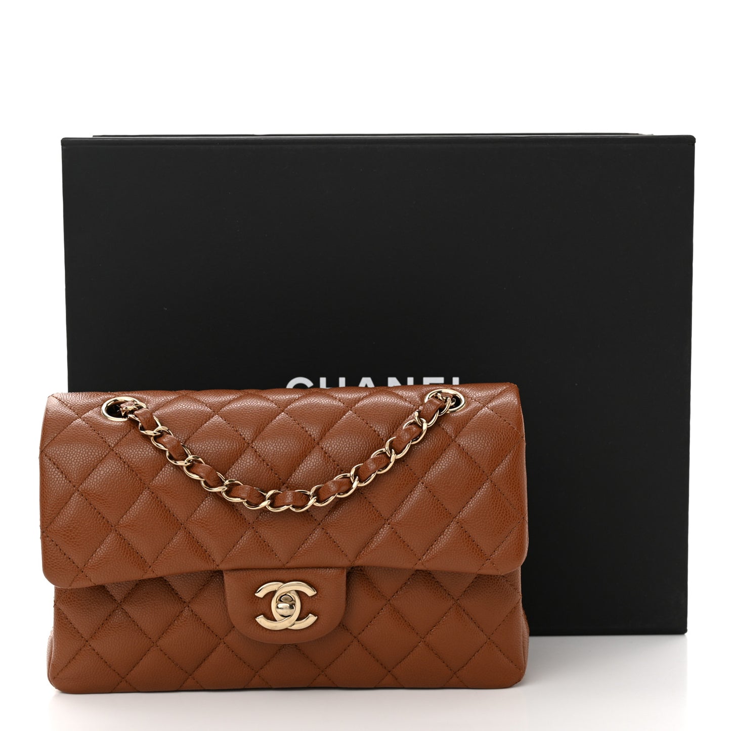 Caviar Quilted Small Double Flap Light Brown