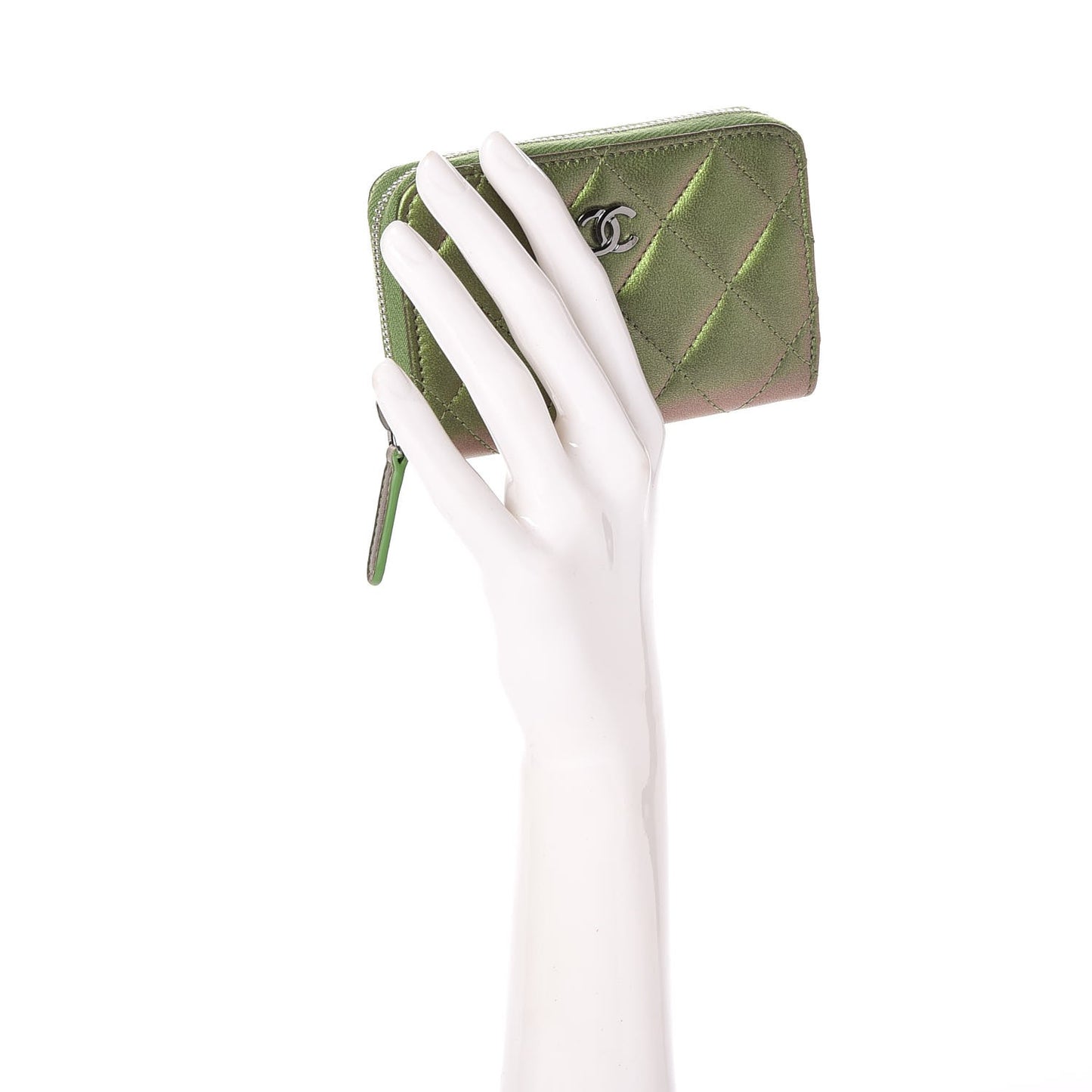 Metallic Lambskin Quilted Zip Around Coin Purse Wallet Green