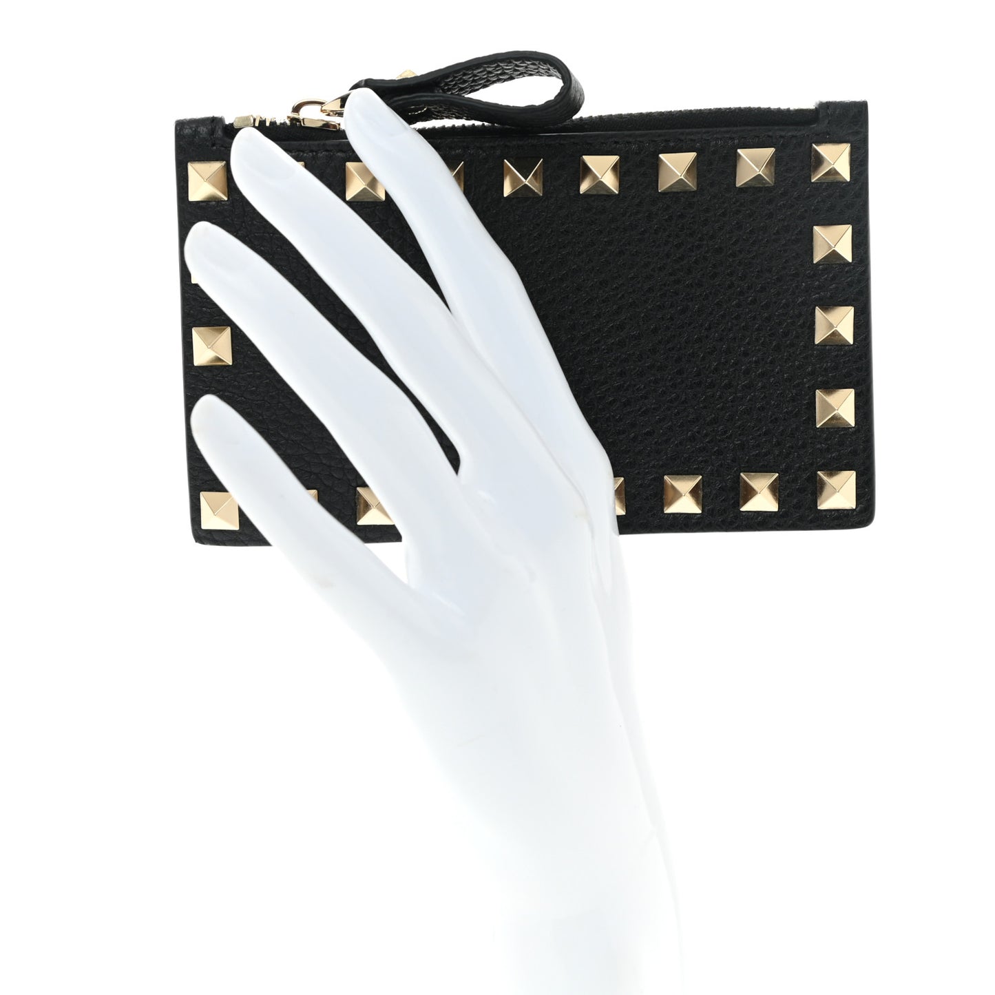 Pebbled Calfskin Rockstud Coin Case Card Holder Black
