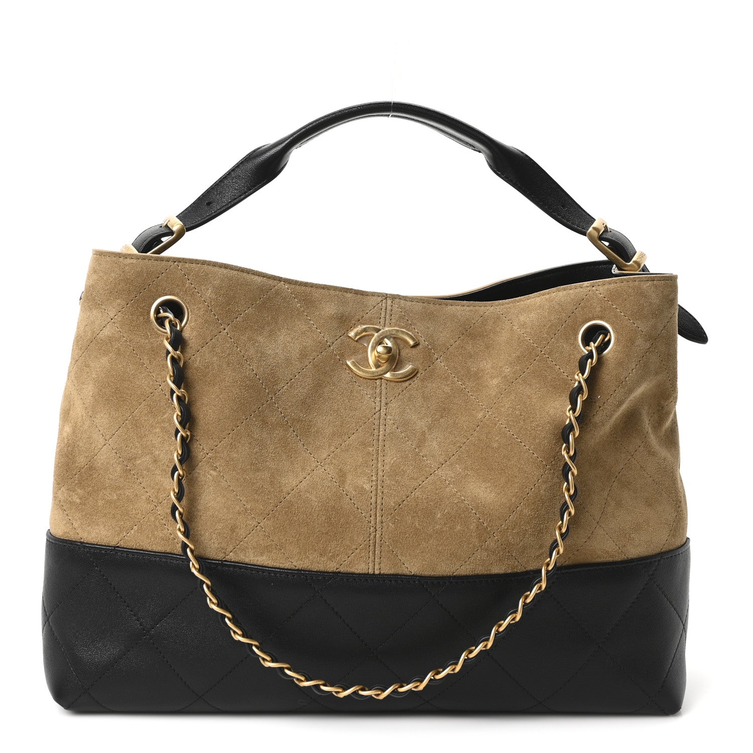 Chanel Suede Calfskin Shiny Lambskin Quilted Small Coco Base Shopping Bag Beige Black 1 of 11