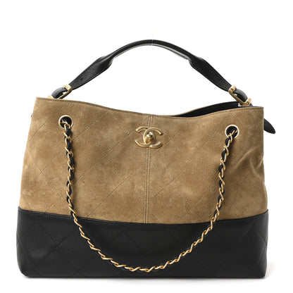 Chanel Suede Calfskin Shiny Lambskin Quilted Small Coco Base Shopping Bag Beige Black 1 of 11