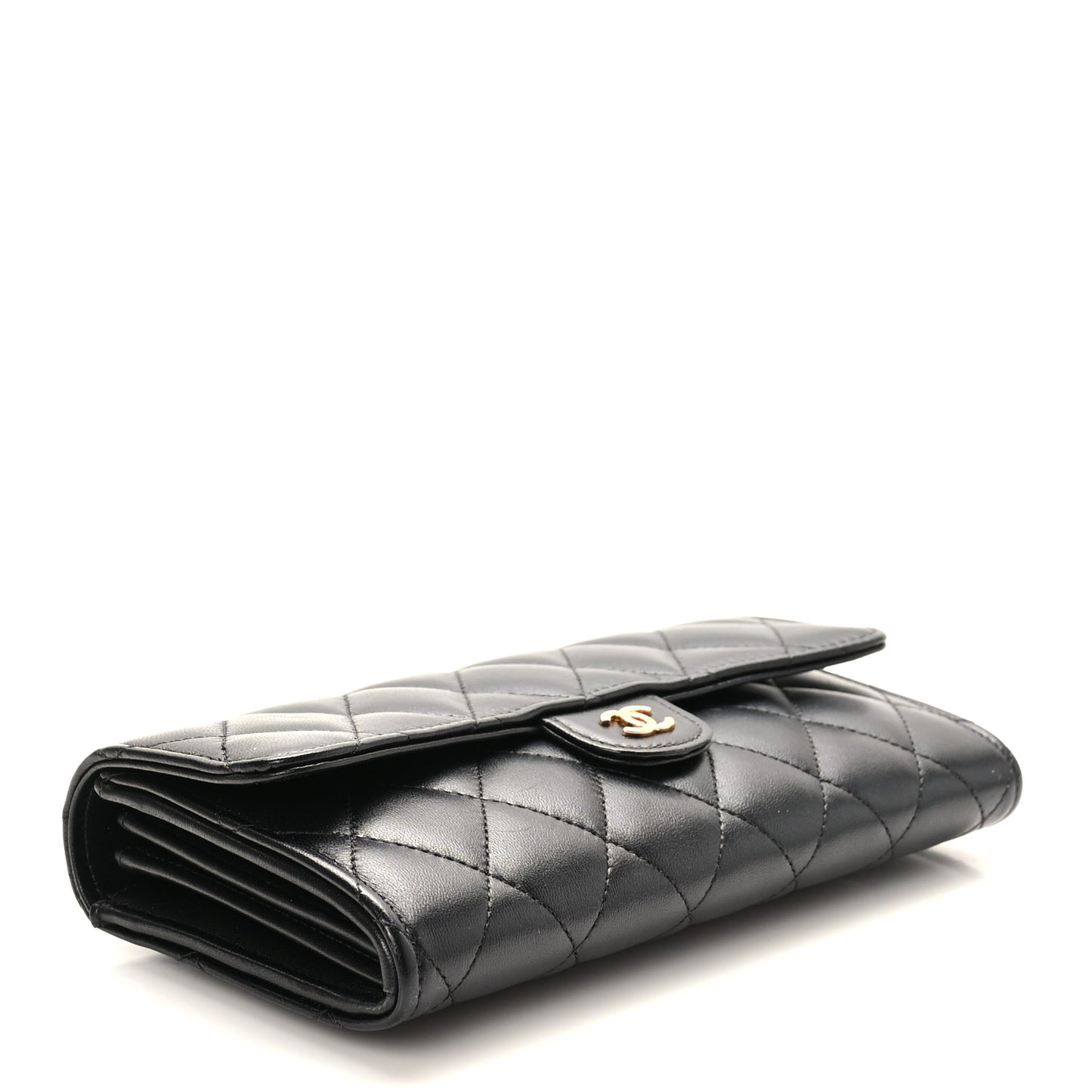 Lambskin Quilted Large Gusset Flap Wallet Black