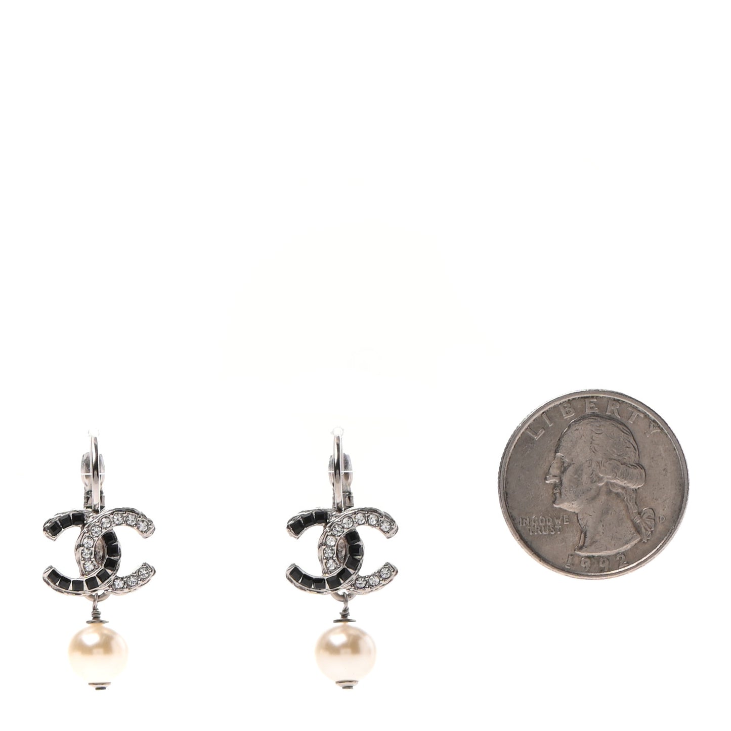 Baguette Crystal Pearl CC Drop Earrings Silver Black