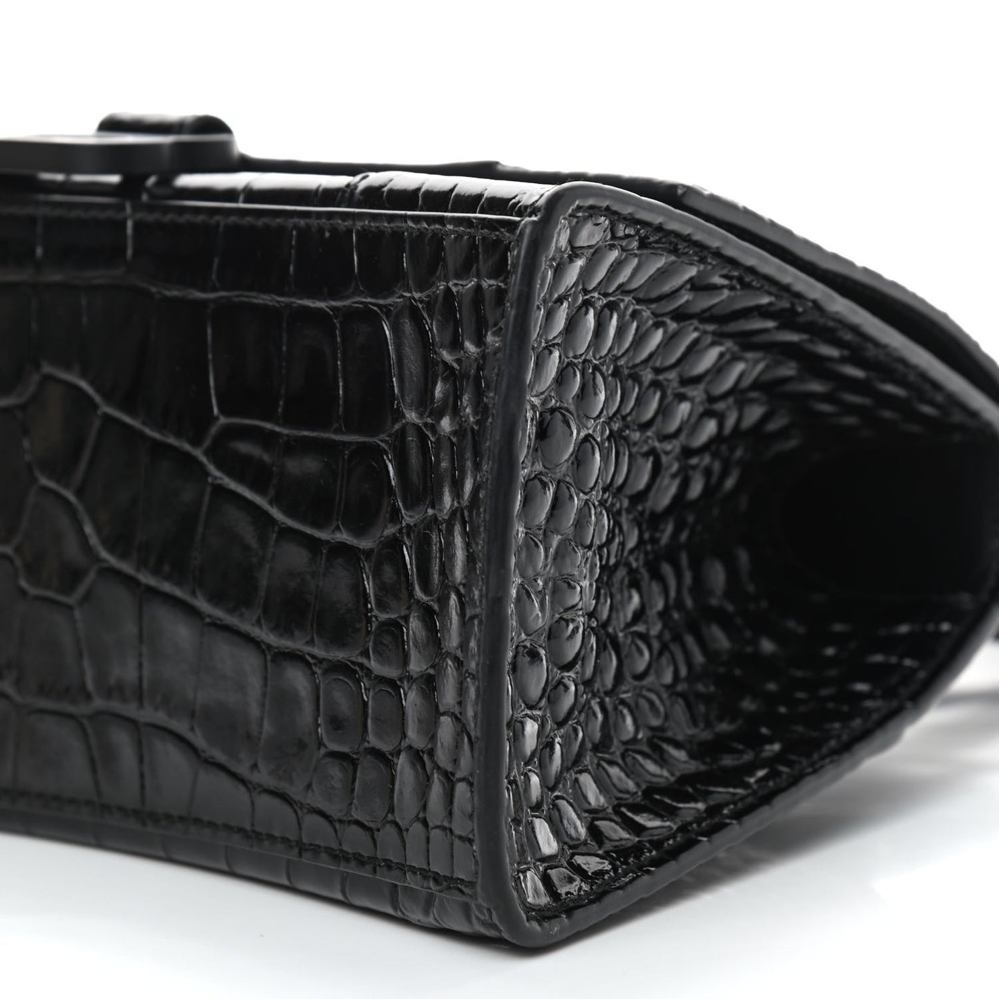 Shiny Calfskin Monochrome Crocodile Embossed Small Hourglass Top Handle Bag Black
