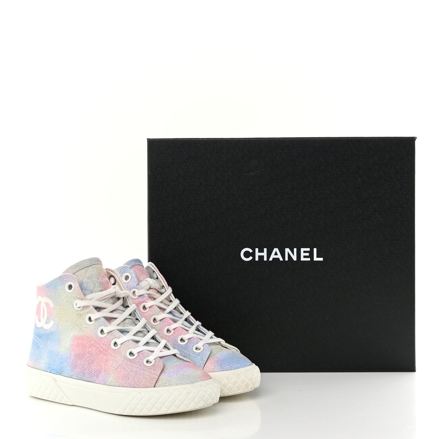 Chanel Printed Fabric Quilted High Top Sneakers 35 Green Pink Blue White 9 of 9