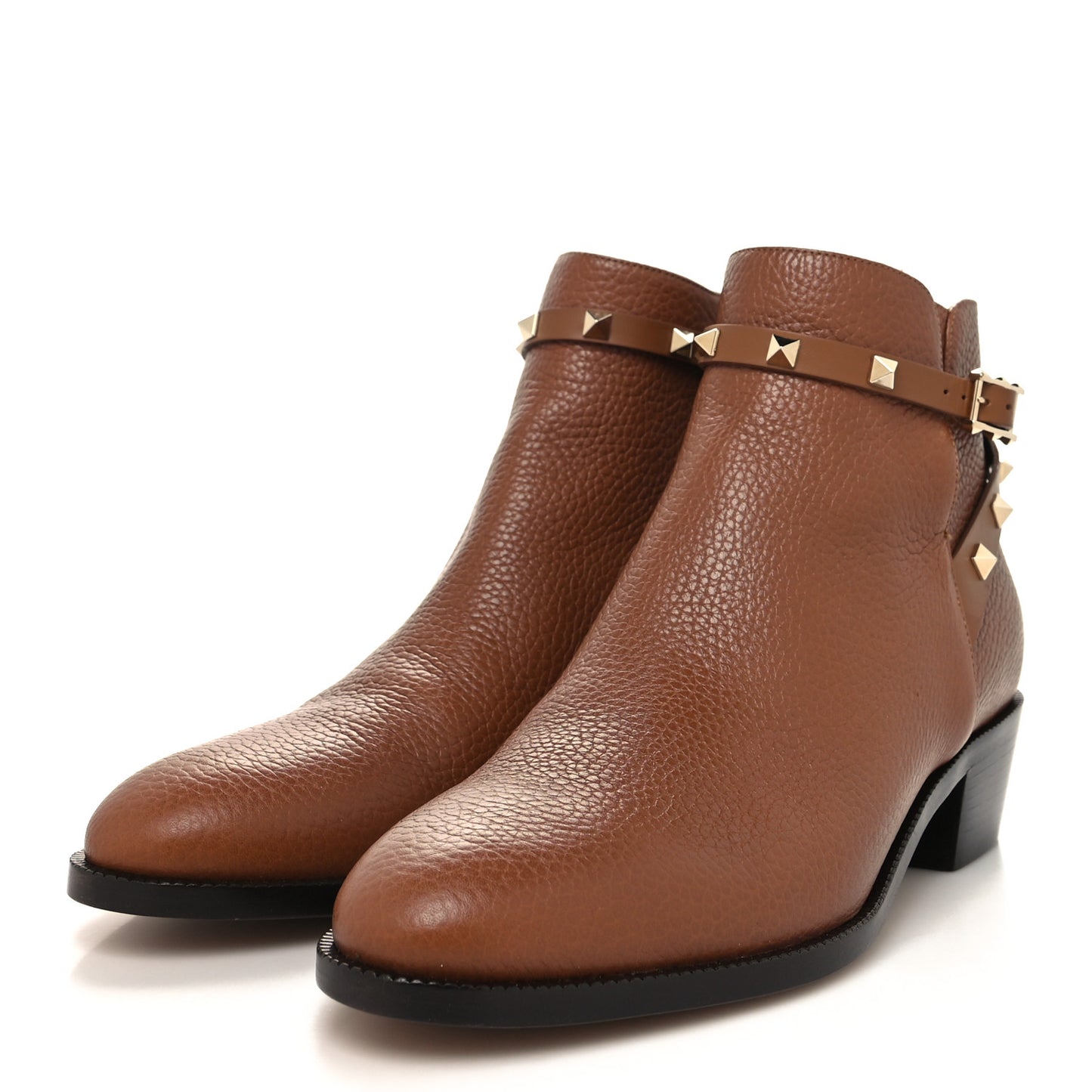 Grained Calfskin Rockstud Single Buckle 35mm Cowboy Ankle Boots 41 Tobacco