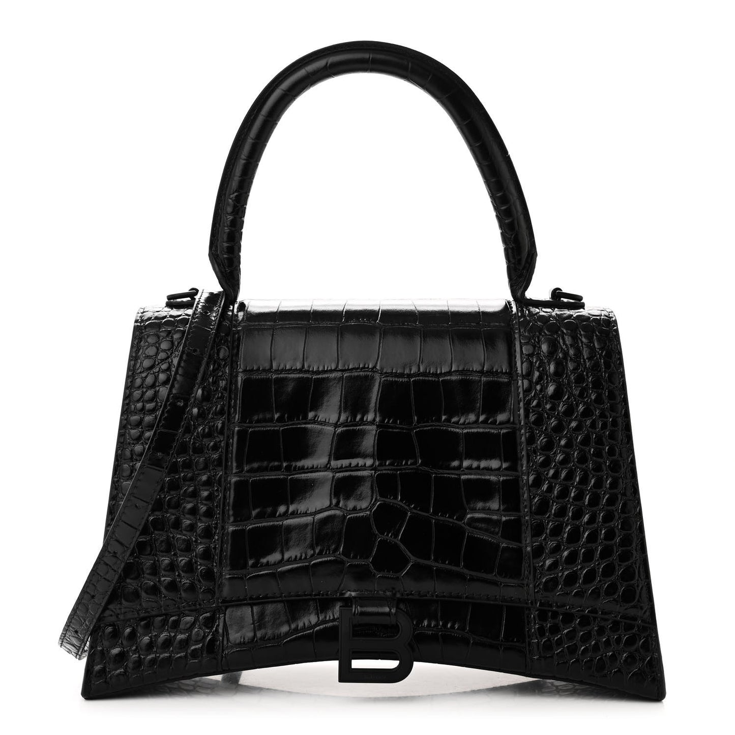 Shiny Calfskin Monochrome Crocodile Embossed Medium Hourglass Top Handle Bag Black