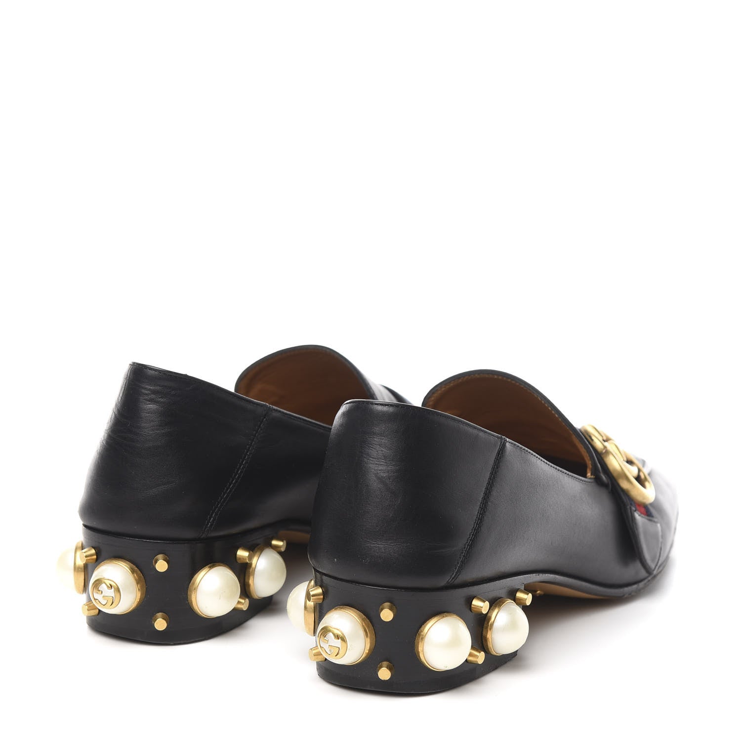 Gucci Betis Glamour Calfskin Web Pearl Embellished Peyton 35mm Loafer Pumps 37.5 Black 4 of 8