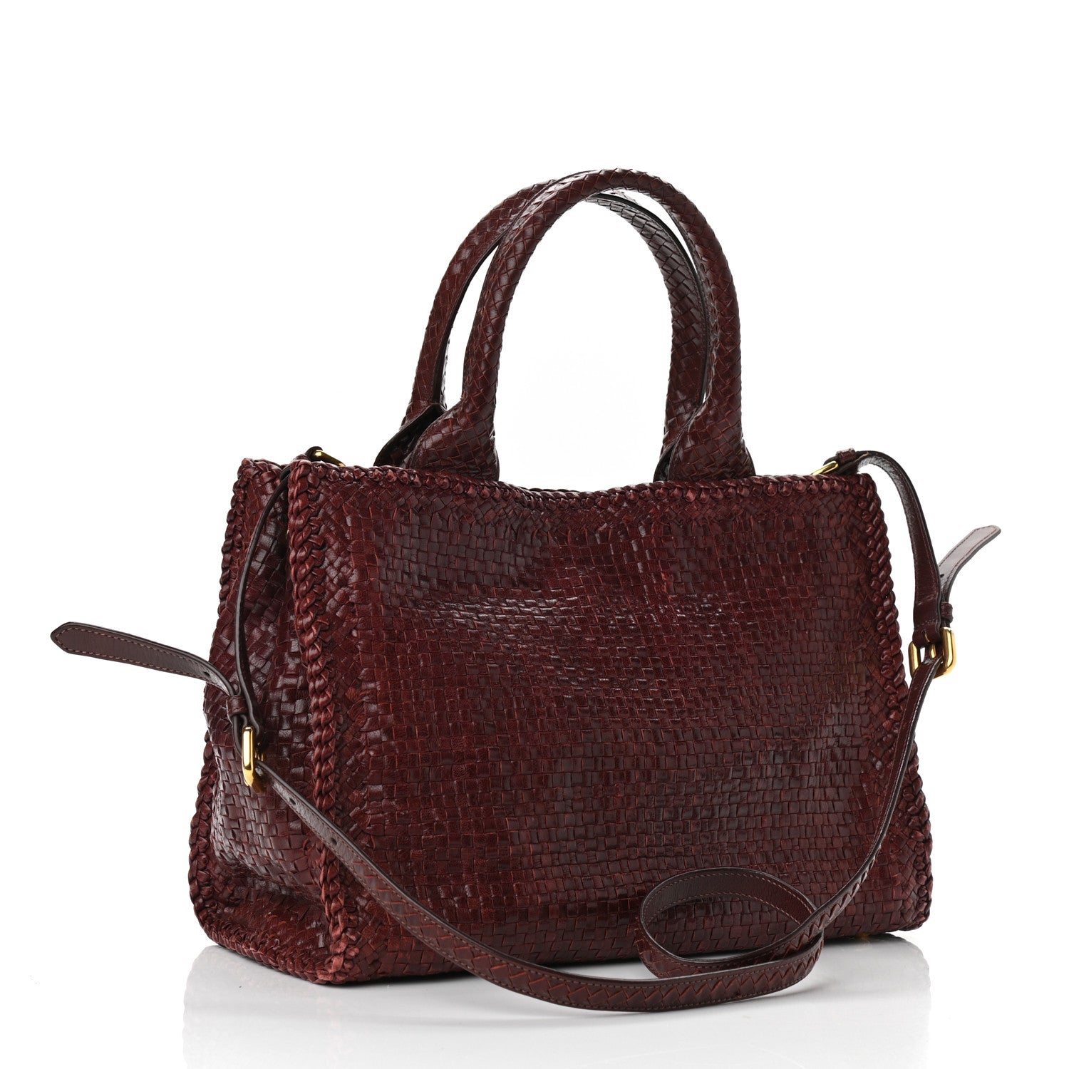 Prada Goatskin Woven Small Tote Burgundy 3 of 11