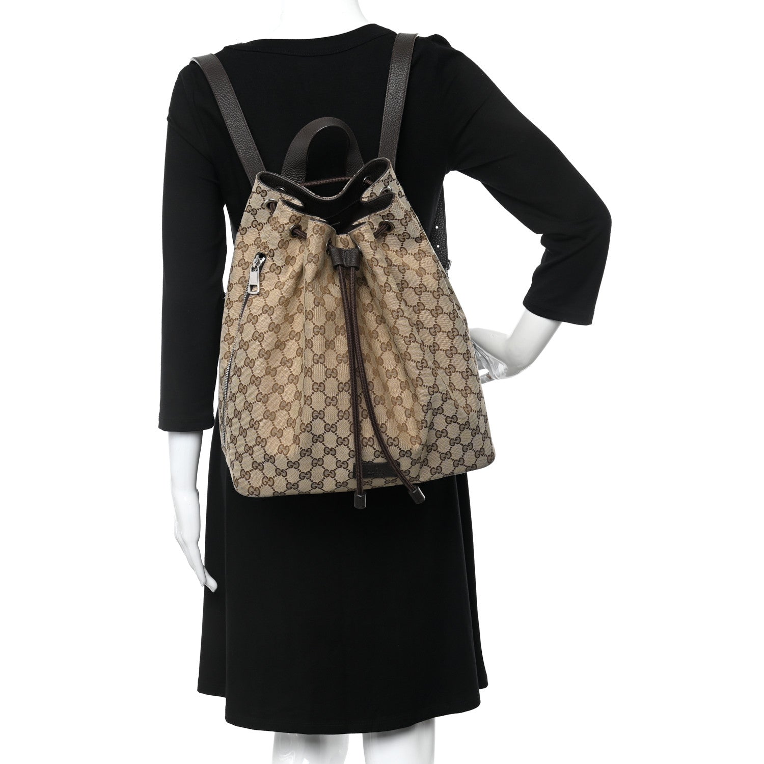 Gucci Monogram Dollar Calfskin O Drawstring Backpack Beige Ebony Testa di Moro Dark Chocolate 2 of 13