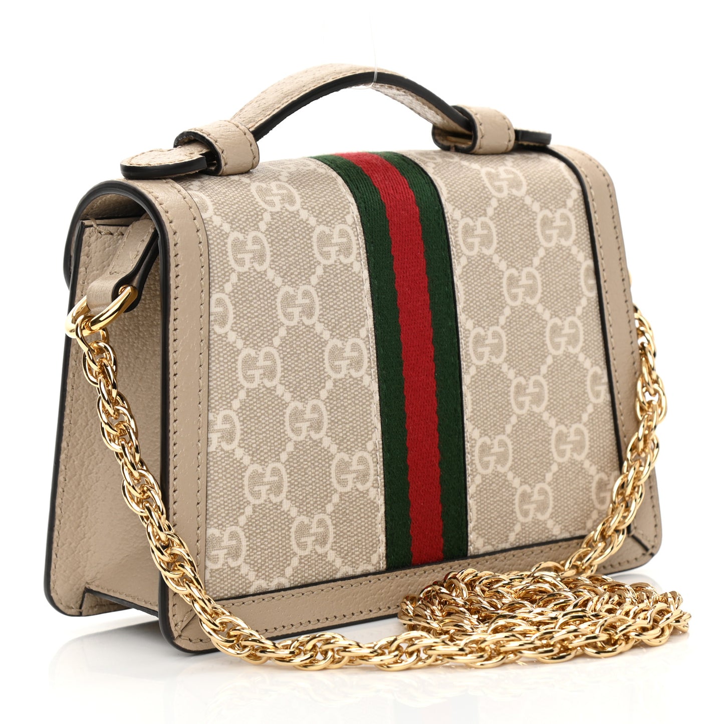 GG Supreme Monogram Textured Dollar Calfskin Web Mini Ophidia Padlock Top Handle Chain Shoulder Bag Beige Mystic White Oatmeal