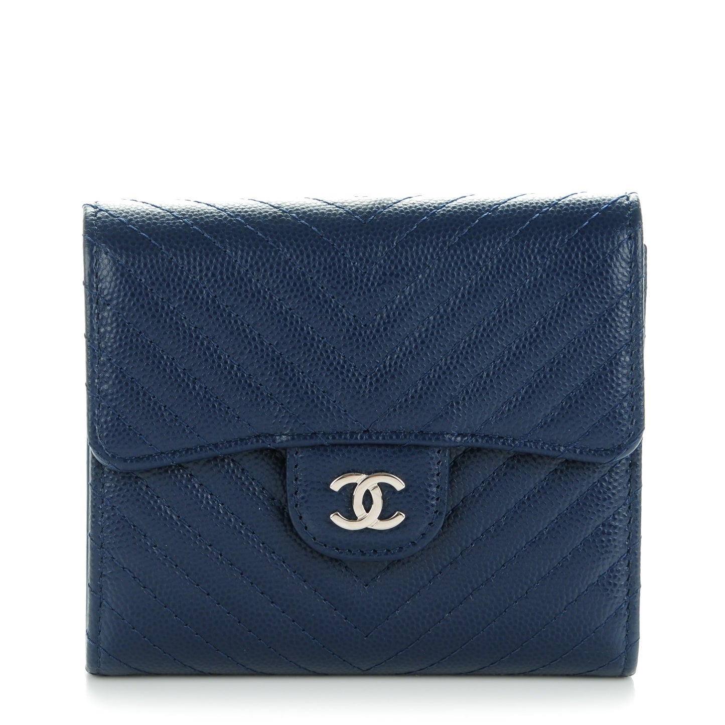 Caviar Chevron Quilted Compact Flap Wallet Navy