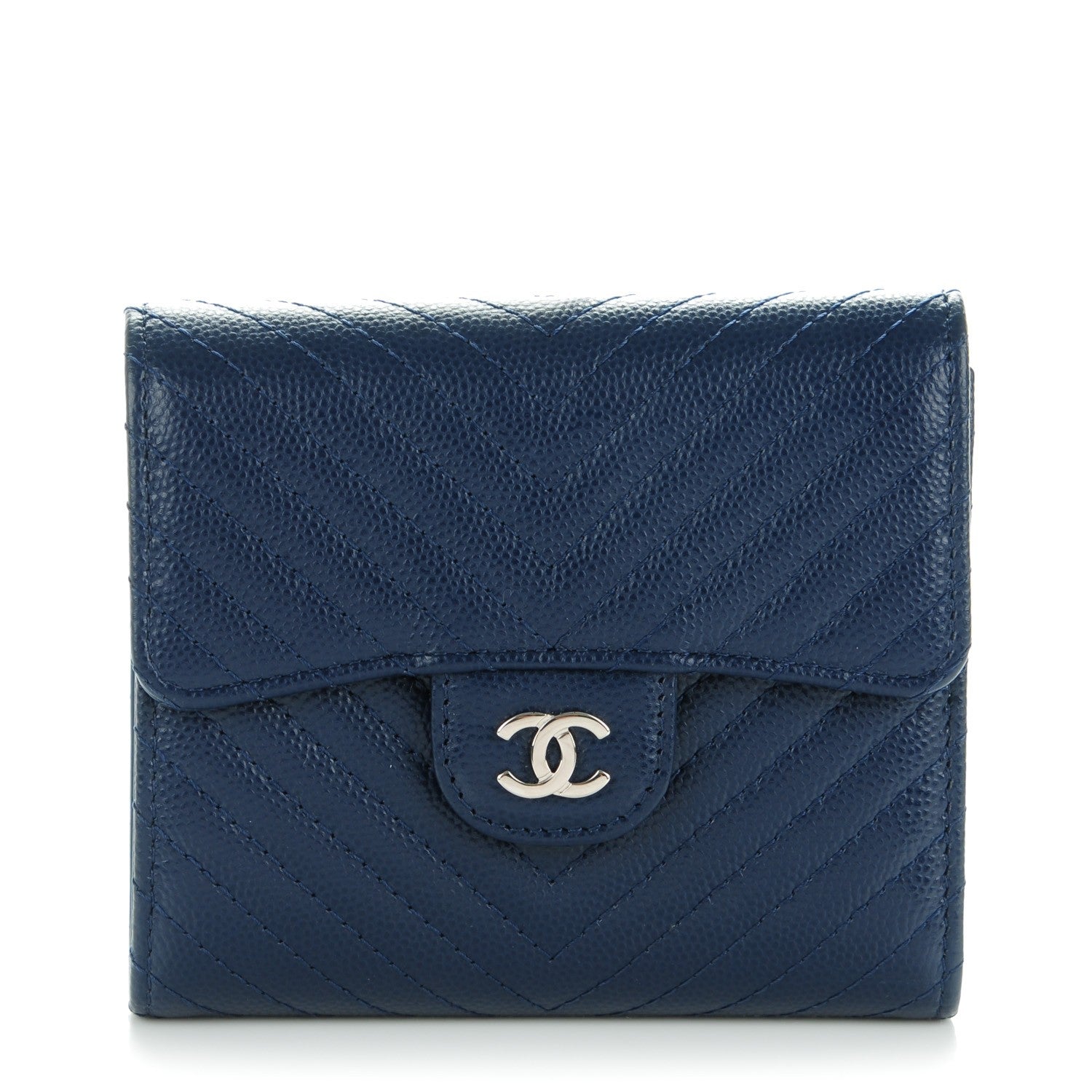 Chanel Caviar Chevron Quilted Compact Flap Wallet Navy 1 of 8