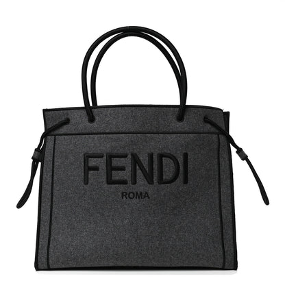 Fendi Melange Flannel Satin Logo Embroidered Threaded Edge Shopping Tote Grigio Black 1 of 5