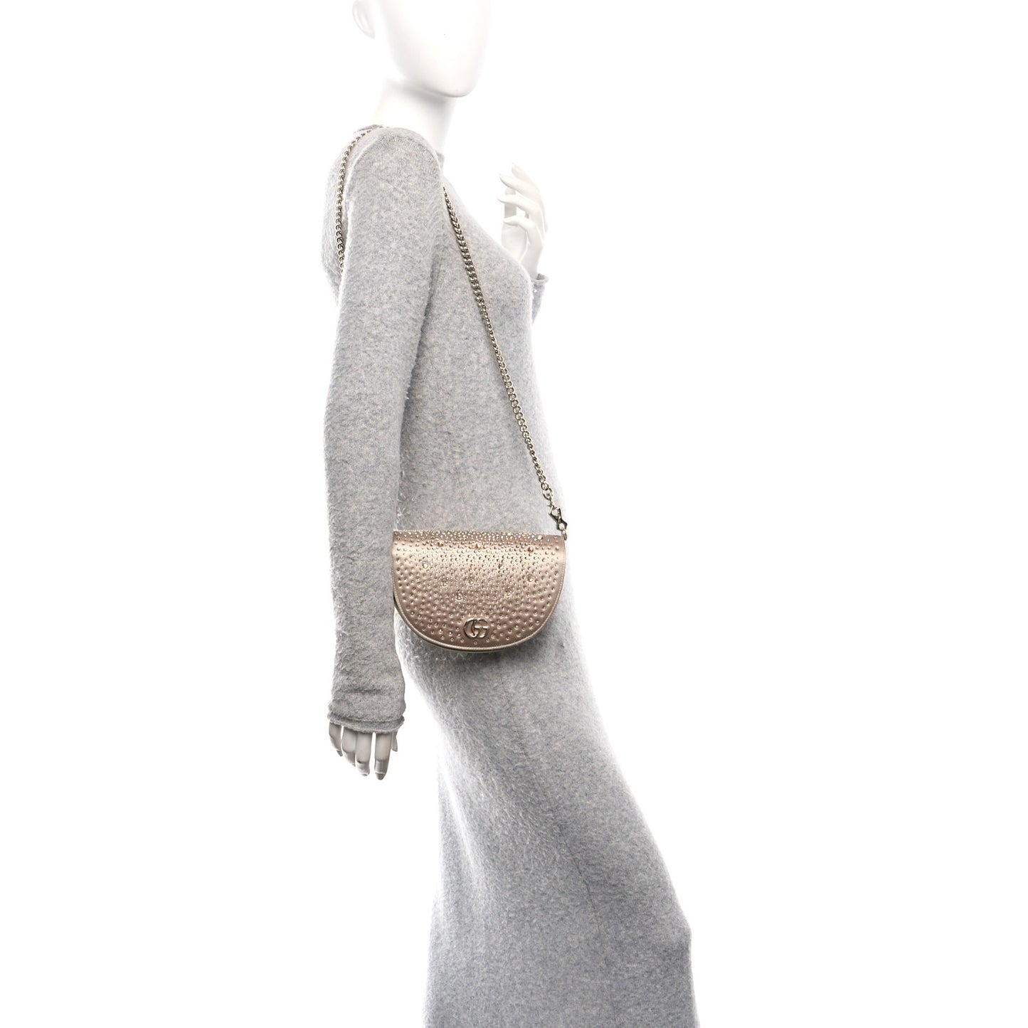 Satin Crystal Half Moon Chain Shoulder Bag Beige