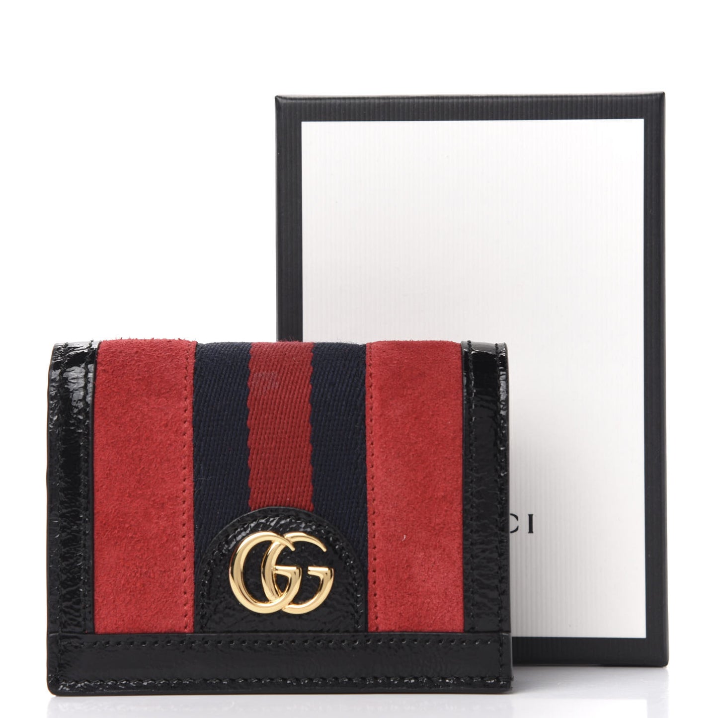 Suede Patent Web Ophidia Card Case Hibiscus Red Black