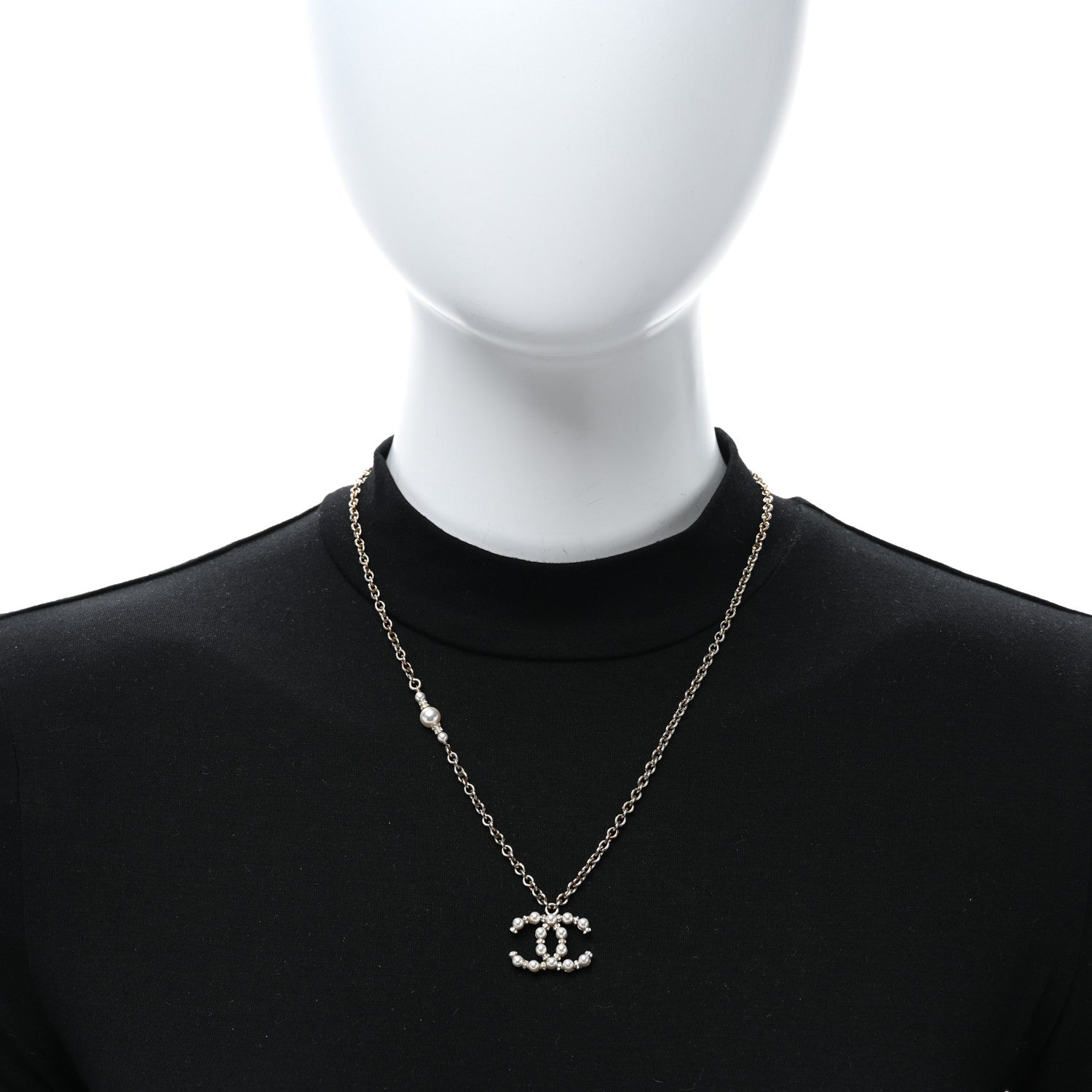 Chanel Metal Pearl Crystal CC Textured Pendant Necklace Gold 3 of 4