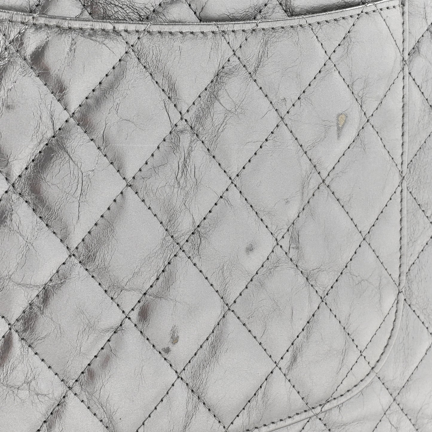 Metallic Crumpled Calfskin Quilted Large Slide Pouch Silver