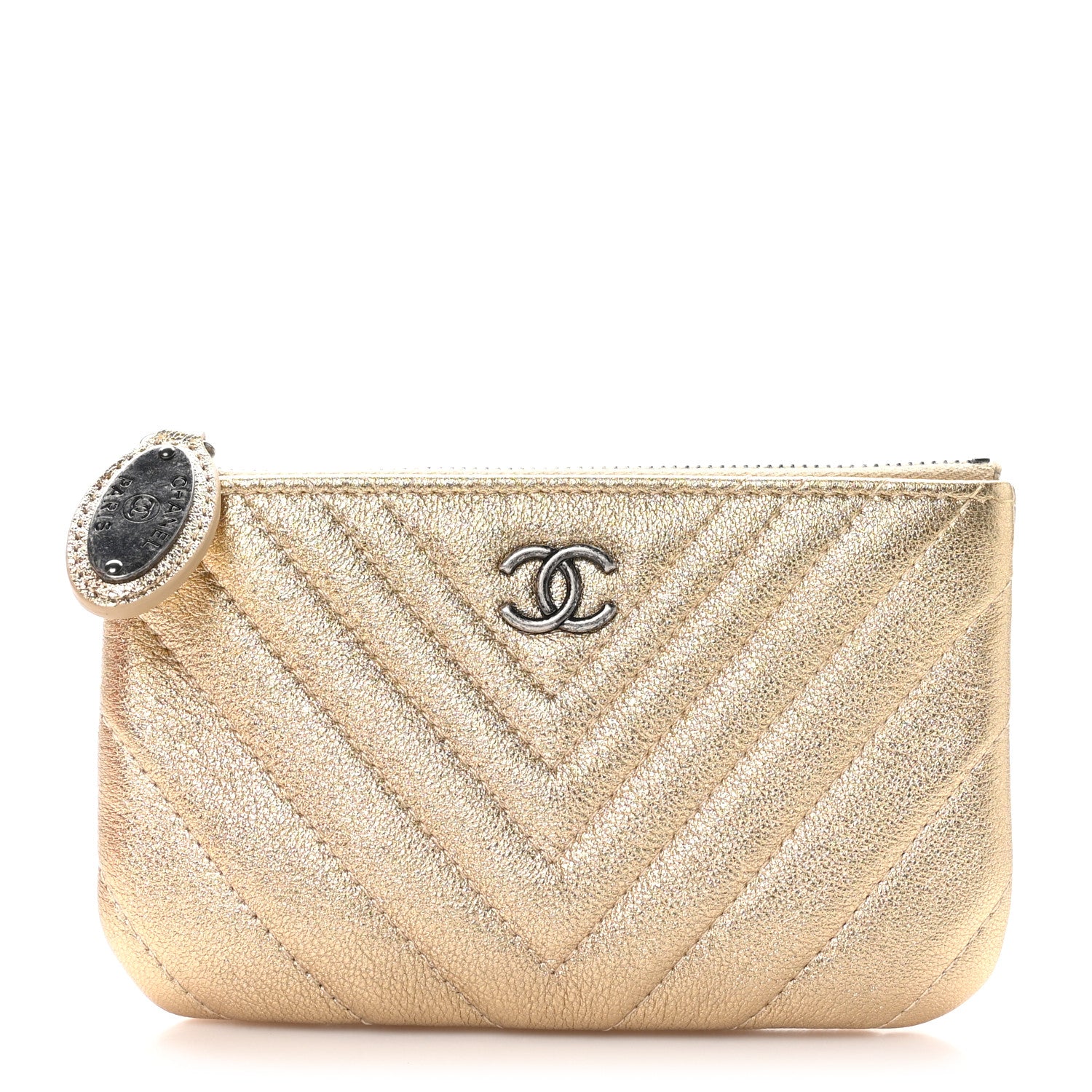 Chanel Metallic Sheepskin Chevron Quilted Small Cosmetic Case Gold 1 of 9