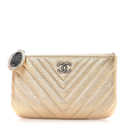 Chanel Metallic Sheepskin Chevron Quilted Small Cosmetic Case Gold 1 of 9