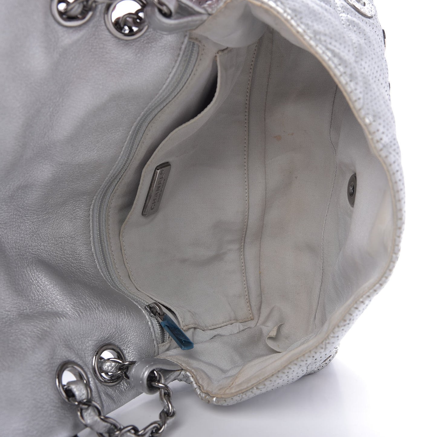 Metallic Lambskin Perforated Quilted Medium CC Medals Flap Silver