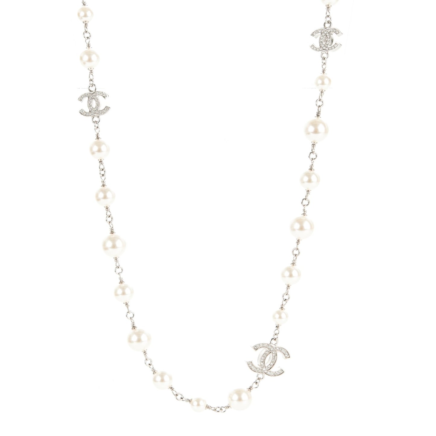 Crystal Pearl CC Long Necklace Silver
