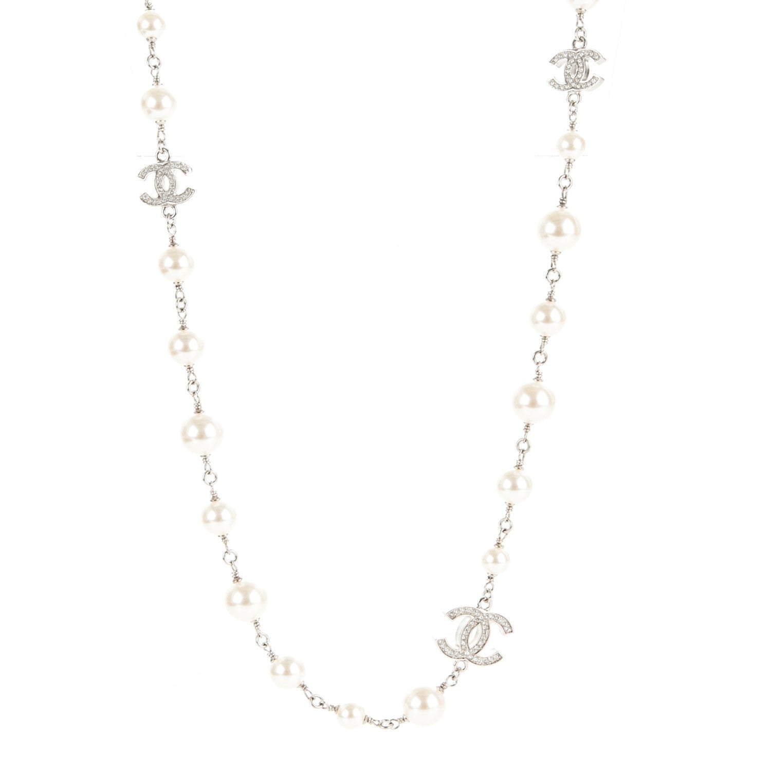 Chanel Crystal Pearl CC Long Necklace Silver 1 of 5