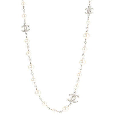 Chanel Crystal Pearl CC Long Necklace Silver 1 of 5