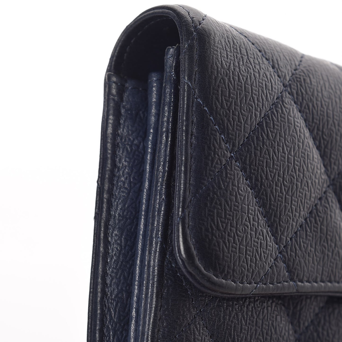 Letter Calfskin Embossed Quilted Large Gusset Flap Wallet Navy