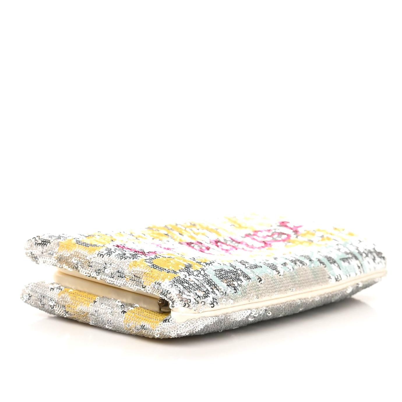 Sequin Satin Embroidered La Pausa Evening Clutch Silver Yellow Pink