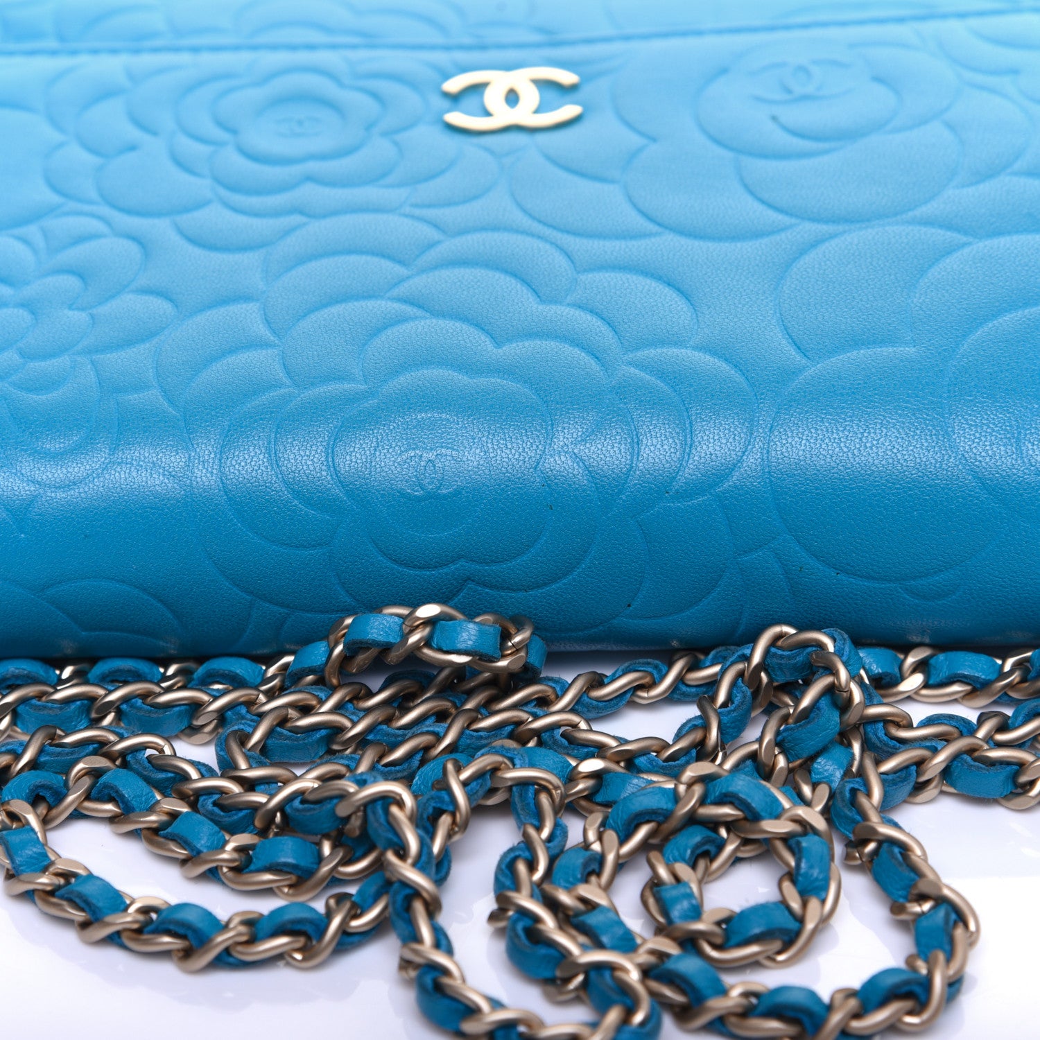 Chanel Lambskin Camellia Embossed Wallet On Chain WOC Turquoise 12 of 12