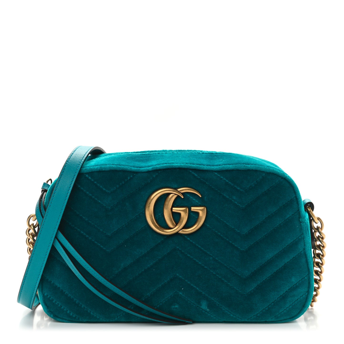 Velvet Matelasse Small GG Marmont Chain Shoulder Bag Pavone Cyan
