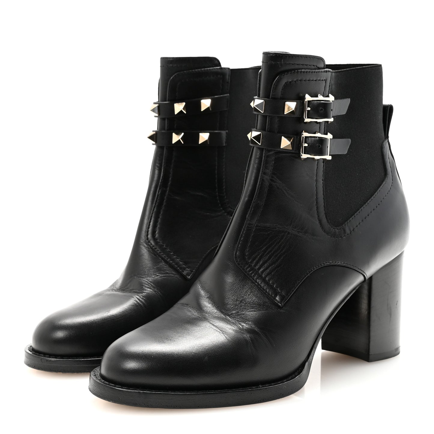 Calfskin Rockstud Double Buckle Beatle Chelsea 70mm Ankle Boots 38 Black