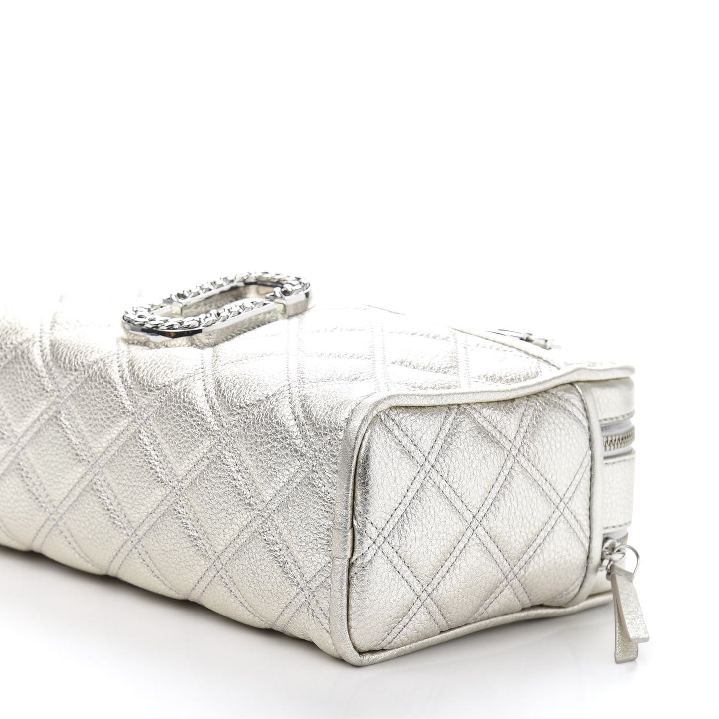 Metallic Grained Calfskin Quilted Double Stitched The Status Shoulder Bag Silver