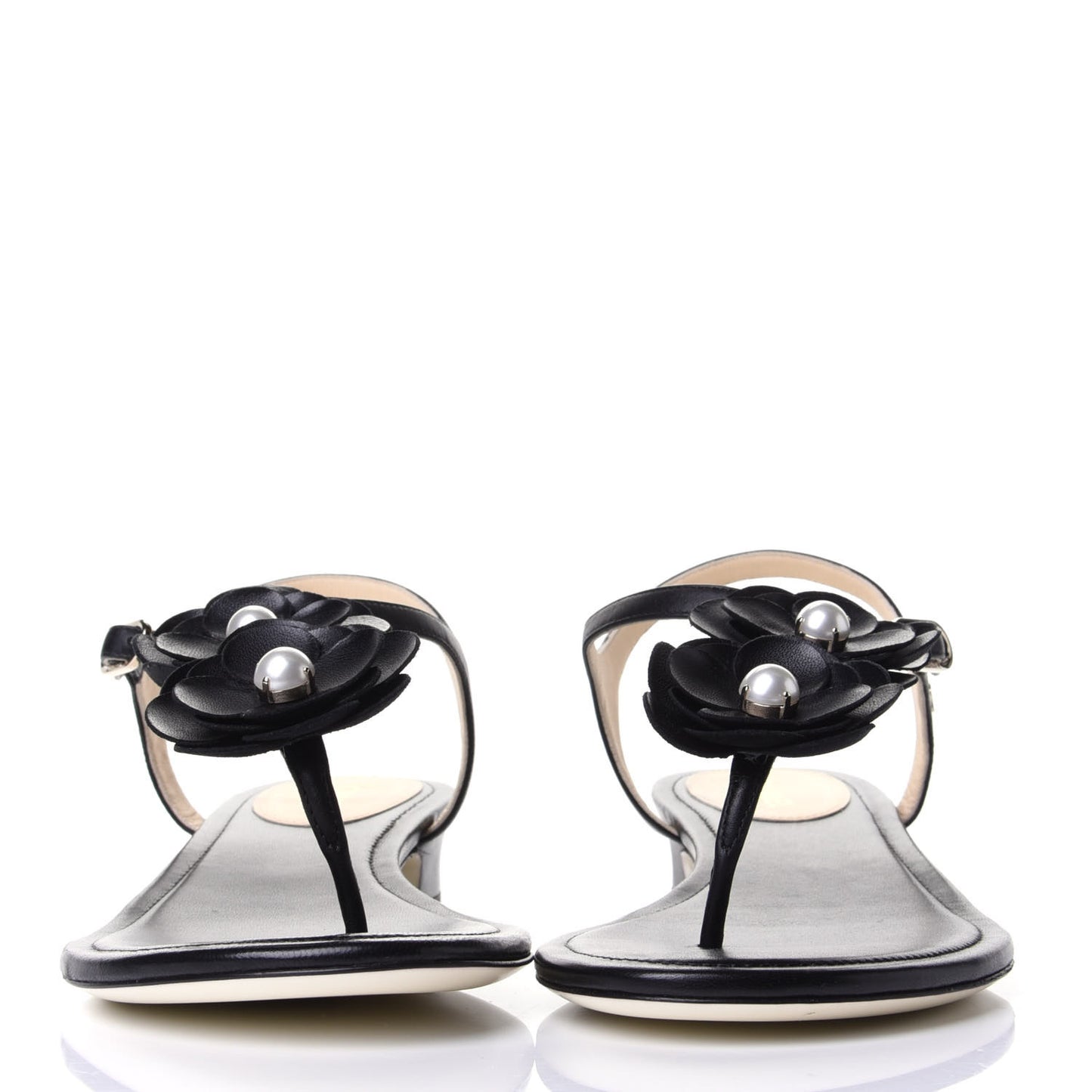 Calfskin Camellia Thong Sandals 38.5 Black