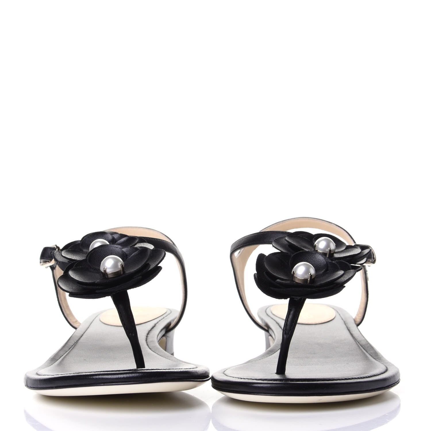 Chanel Calfskin Camellia Thong Sandals 38.5 Black 2 of 4