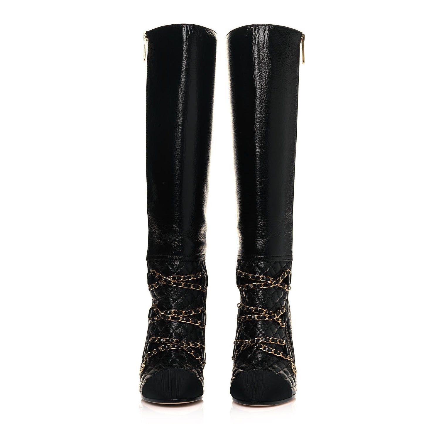 Lambskin Grosgrain Patent Chained High Boots 37.5 Black