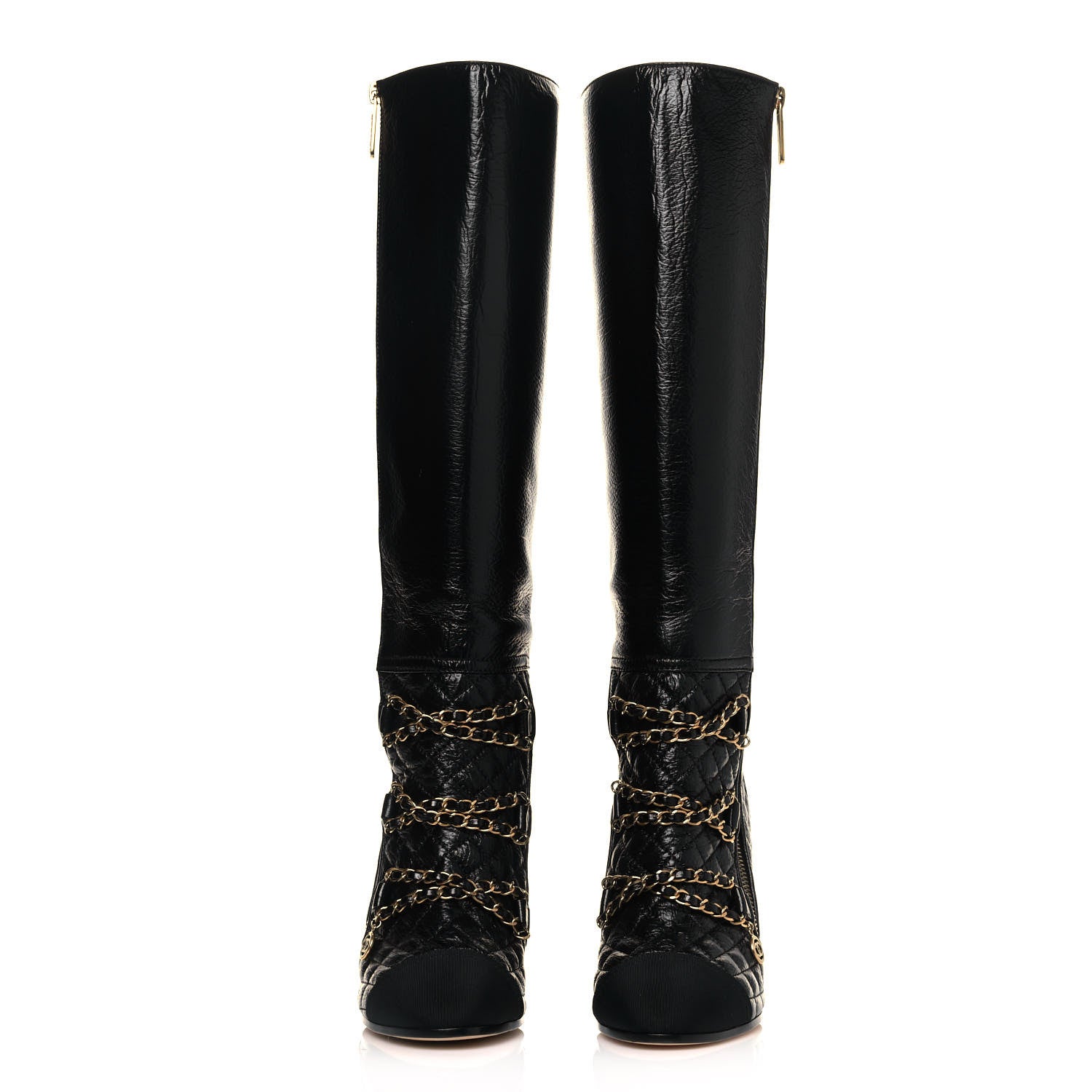 Chanel Lambskin Grosgrain Patent Chained High Boots 37.5 Black 2 of 8