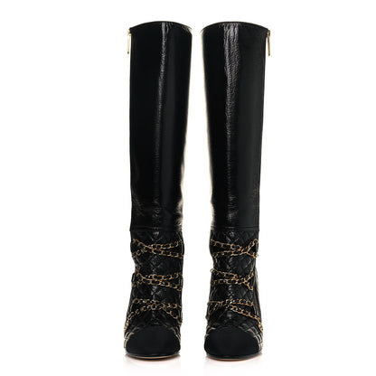 Chanel Lambskin Grosgrain Patent Chained High Boots 37.5 Black 2 of 8