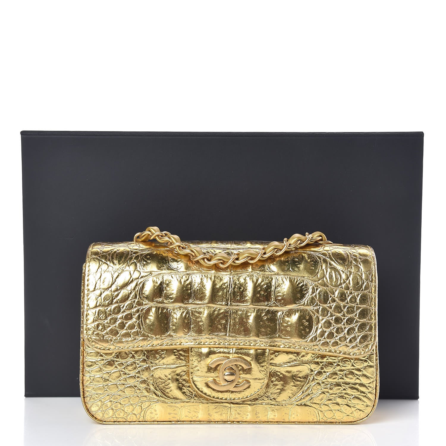 Chanel Metallic Calfskin Crocodile Embossed Cocodile Rectangular Mini Flap Gold 10 of 10