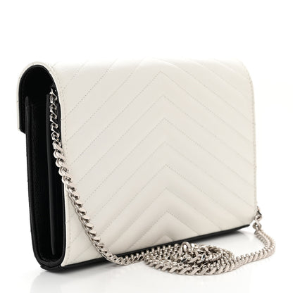 Saint Laurent Grain De Poudre Matelasse Chevron Bi-Color Monogram Chain Wallet White Black 3 of 11