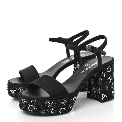 Chanel Grosgrain Strass Logo Platform Sandals 37.5 Black Silver 3 of 9