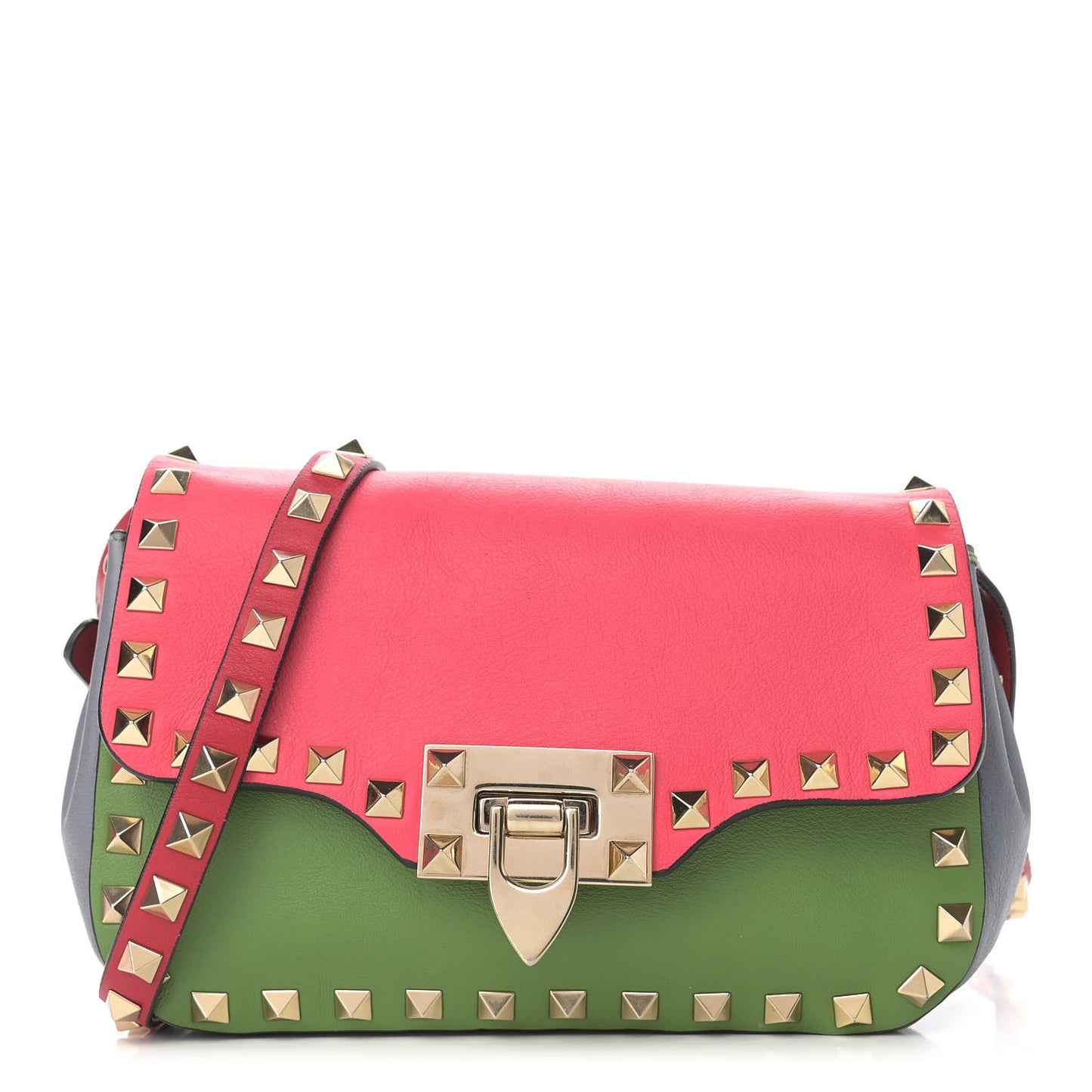 Vitello Colorblock Mini Rockstud Flap Saddle Crossbody Bag Deep Rose Green Grey Scarlet