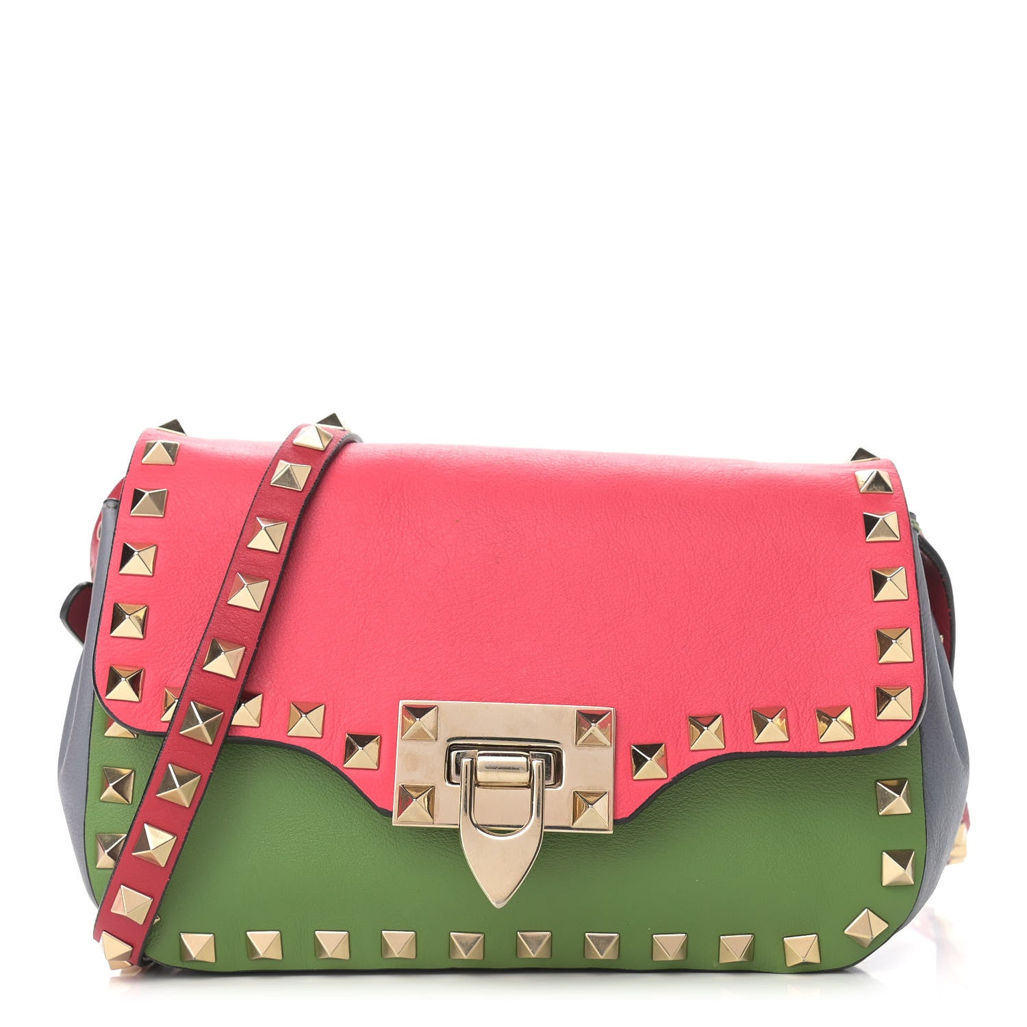 Valentino Garavani Vitello Colorblock Mini Rockstud Flap Saddle Crossbody Bag Deep Rose Green Grey Scarlet 1 of 9