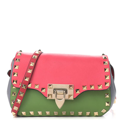 Valentino Garavani Vitello Colorblock Mini Rockstud Flap Saddle Crossbody Bag Deep Rose Green Grey Scarlet 1 of 9